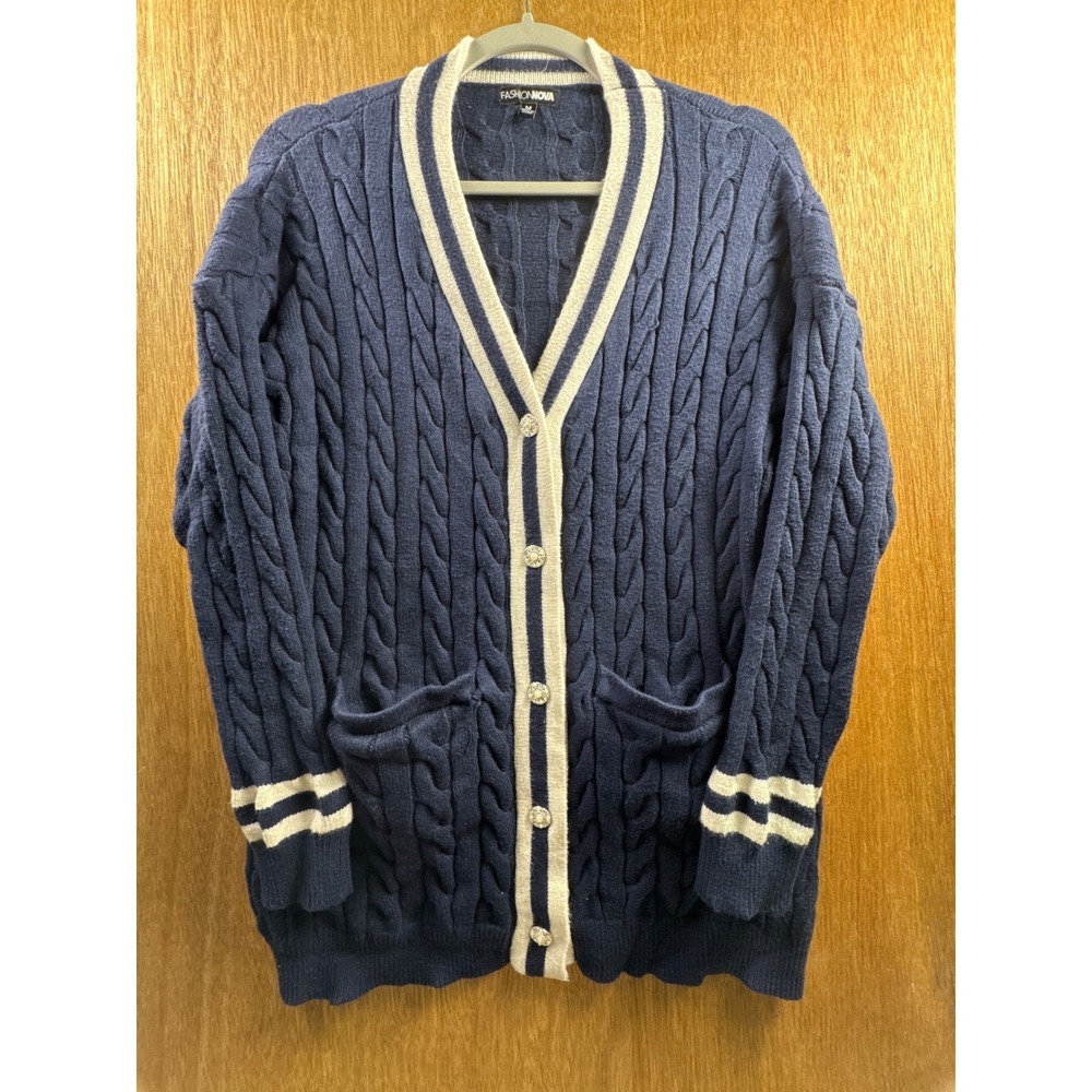 Fashion Nova Cardigan Sweater Womens Size M Navy Blue Cable Knit Varsity Stripe - Picture 4 of 10